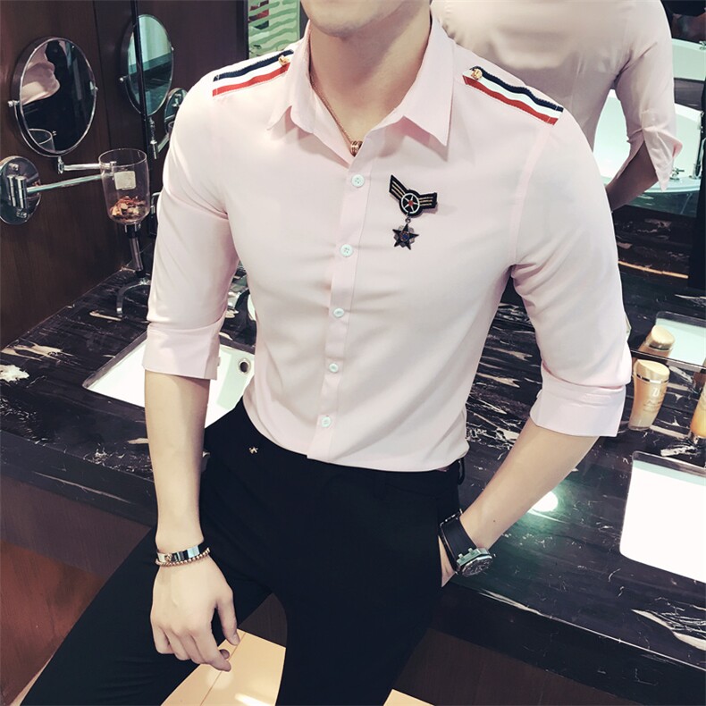 YC028-Q学院英伦风肩章中袖衬衫空军服衬衣男七分袖寸衫大码P35,男装衬衫,星座717A