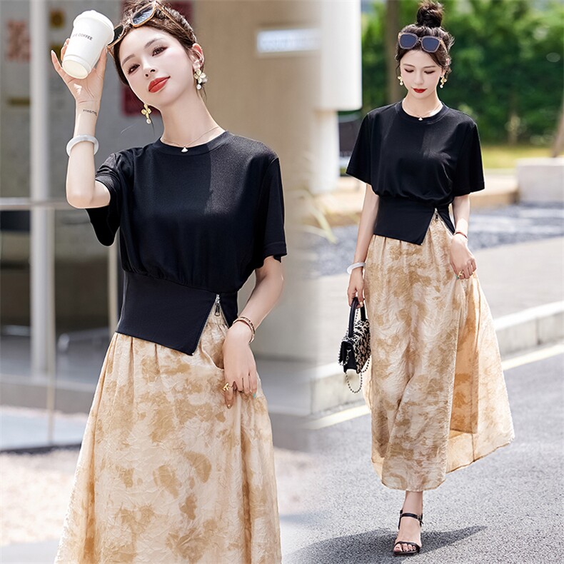 芷墨夏季新款拼接设计感上衣半身裙两件装显高显瘦套头通勤套装女，女装套装/套裙，芷墨服饰