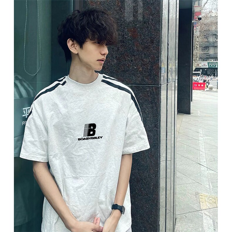 抖音得物品质二开240克宽松纯棉美式潮牌印花三条杠中性风短袖T恤,男装T恤,电商A486-1