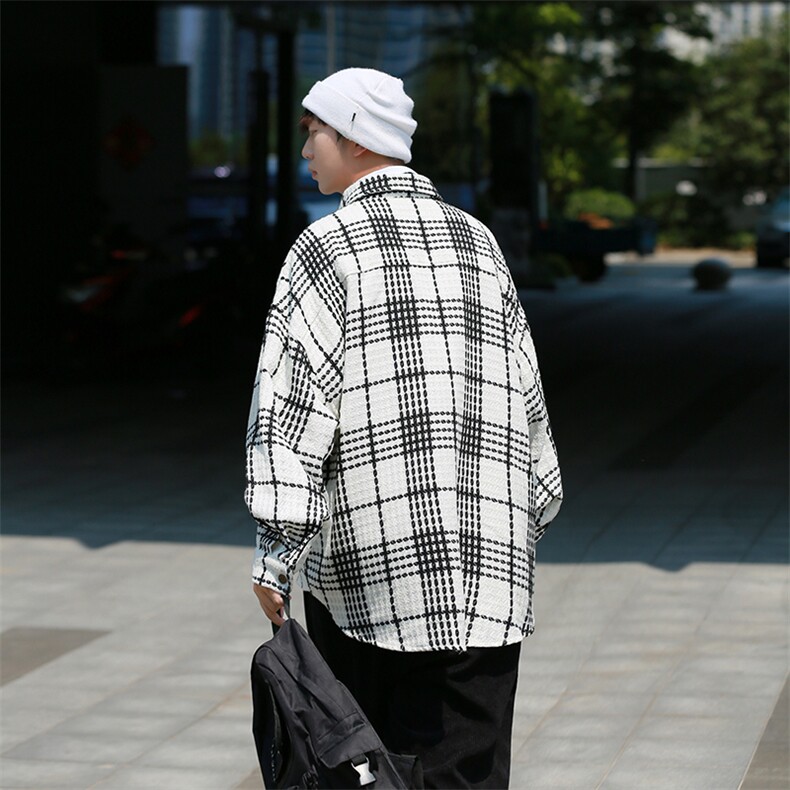 22秋冬日系港风百搭小香风夹克外套格子衬衫宽松潮中性H218/P55,男装衬衫,钱塘713