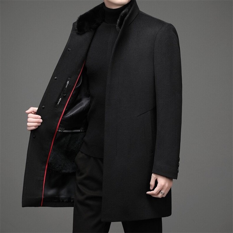 AE8918尼克服水貂毛领兔毛内胆可脱卸立领中长款羊毛大衣外套图片