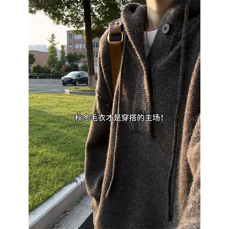 重磅秋冬装北极绒开衫毛衣美式复古休闲慵懒风针织衫加厚连帽外套,男装针织衫/毛衣,电商A486