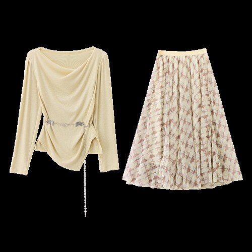 现货现货网纱格子半身裙女收腰2026春装新款超火穿搭一整套裙，女装套装/套裙，伊仟回