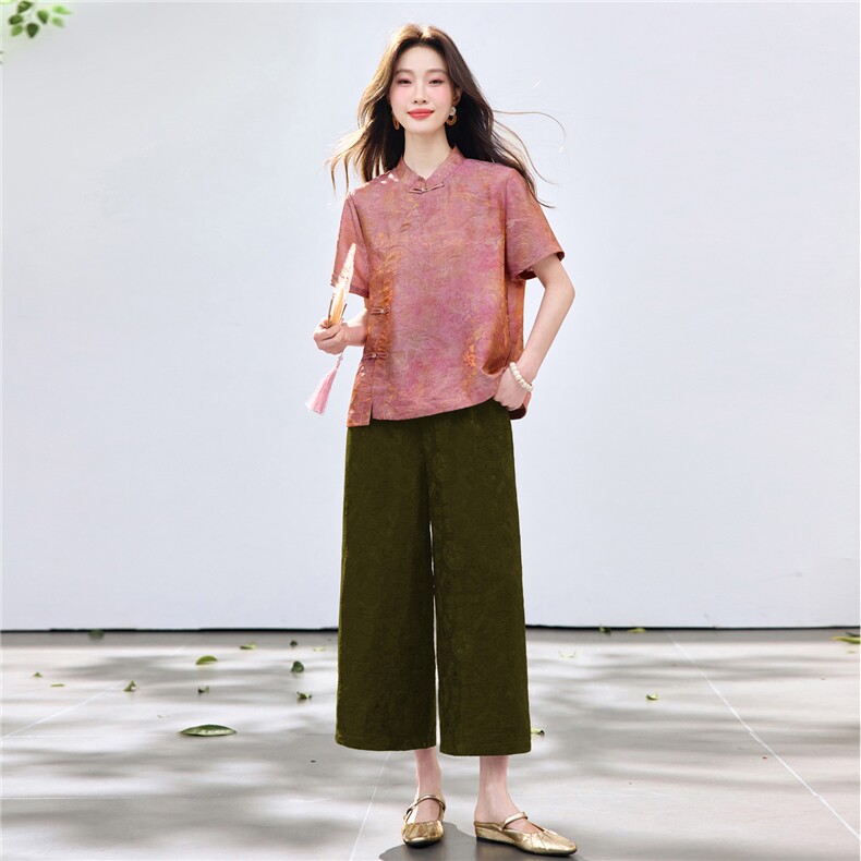 长期现货2026夏装新款时尚两件套装女提花新中式衬衫T阔腿腿裤女,女装套装/套裙,璐依舞