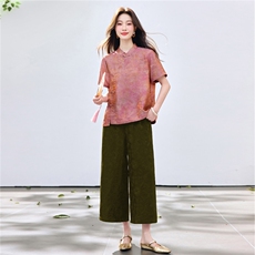 长期现货2026夏装新款时尚两件套装女提花新中式衬衫T阔腿腿裤女，女装套装/套裙，璐依舞