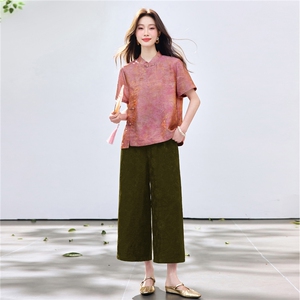 长期现货2026夏装新款时尚两件套装女提花新中式衬衫T阔腿腿裤女图片