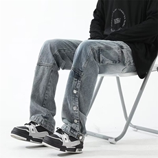 美式高街vibe风水洗做旧开叉排扣牛仔裤男ins潮直筒微喇N8019-P60，男装牛仔裤，星座1109-3