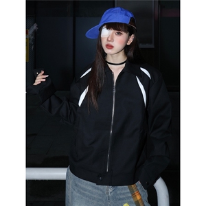 美式复古撞色拼接翻领夹克男女春秋款宽松休闲百搭情侣外套潮图片