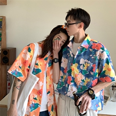 旅游短袖衬衫夏季宽松情侣装外套潮流ins港风休闲沙滩花衬衫女，女装衬衫，电商C306-1