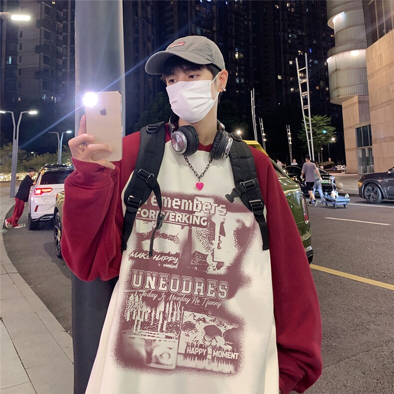 港风夜景字母图案印花拼接撞色圆领卫衣A247-WY813P48控68,男装卫衣,电商A247