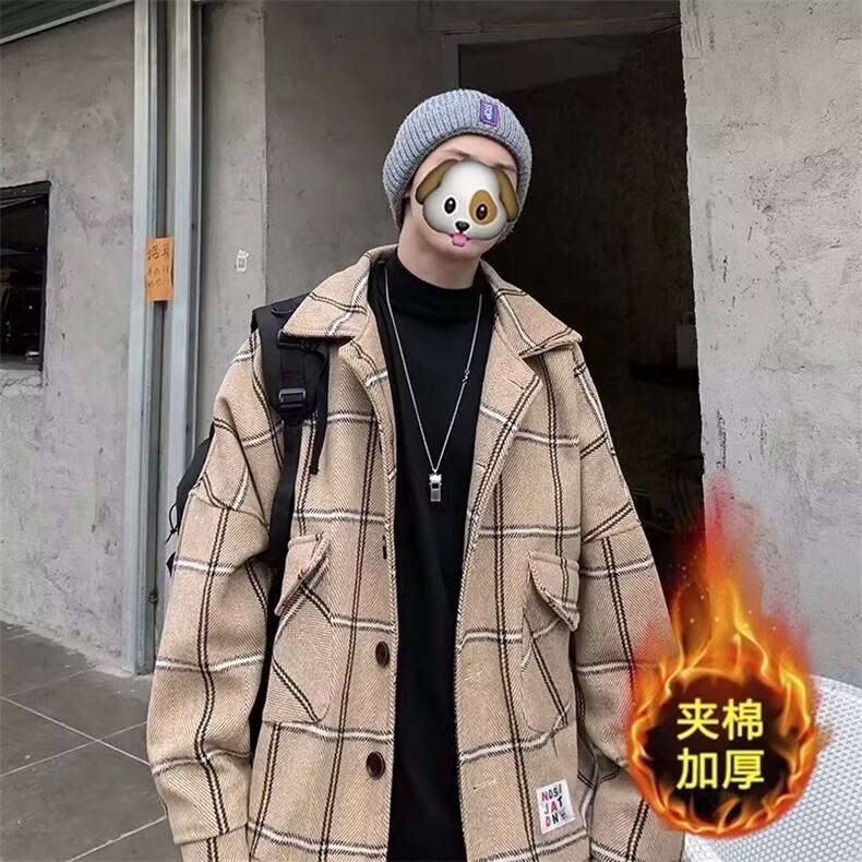 高级感格子毛呢外套男潮牌痞帅宽松休闲情侣夹克秋冬款加厚呢大衣图片