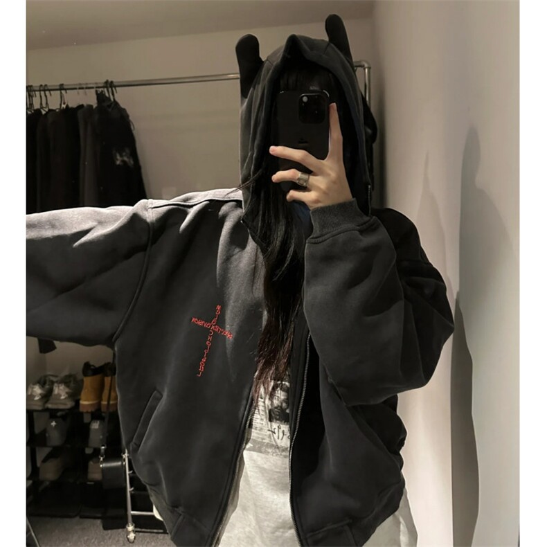 美式街头2025新款十字刺绣连帽卫衣拉链外套宽松显瘦设计情侣上衣,女装短外套,星座601-1