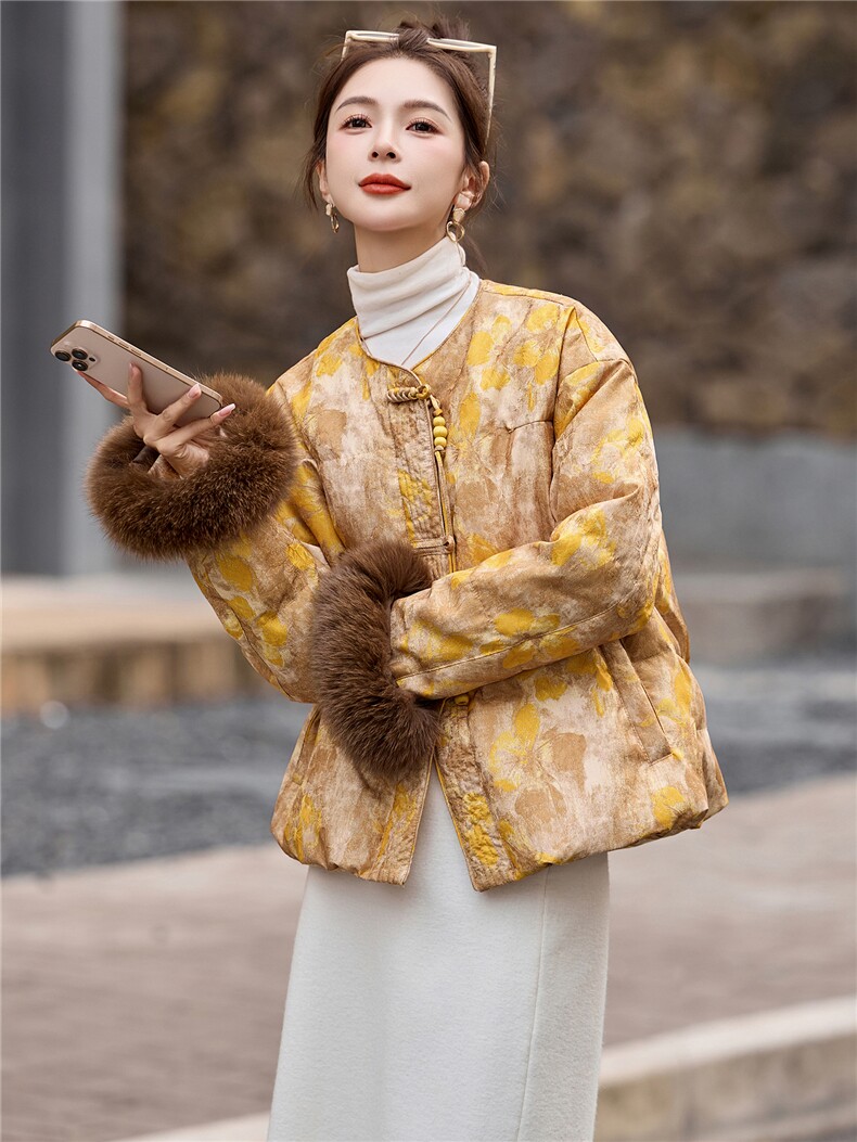 新中式90提花羽绒服2025年冬季新款高级感优雅气质白鸭外套,女装羽绒服,玖莱伊