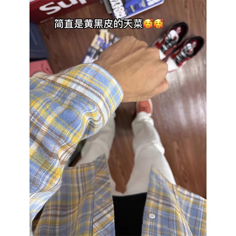 黄蓝色复古磨毛格子衬衫男秋季美式cleanfit外套叠穿休闲长袖衬衣,男装衬衫,星座1008