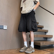 水洗大口袋牛仔短裤男夏季2025新款美式复古裤子宽松潮牌5五分裤，男装牛仔裤，电商A001-1