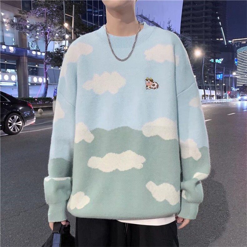 圆领毛衣男冬季新款2021宽松中性港风ins潮牌印花针织衫M5053-p45,男装针织衫/毛衣,星座1008-1
