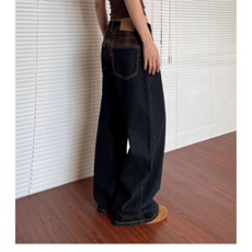 格纹直筒拼接牛仔裤男女春秋新款大码小个子宽松阔腿拖地裤子，男装牛仔裤，星座601-1