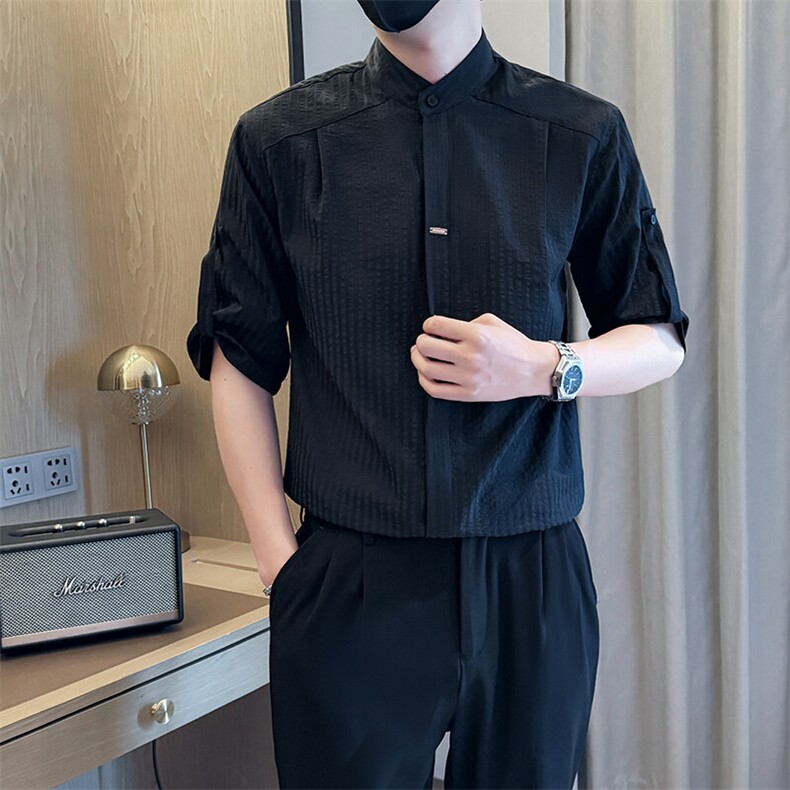 夏男立领条纹衬衫男休闲修身休闲衬衣小伙A236-82550-P60,男装衬衫,电商A236