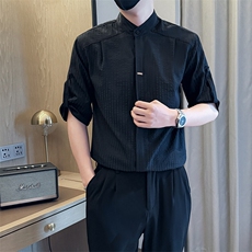 夏男立领条纹衬衫男休闲修身休闲衬衣小伙A236-82550-P60，男装衬衫，电商A236