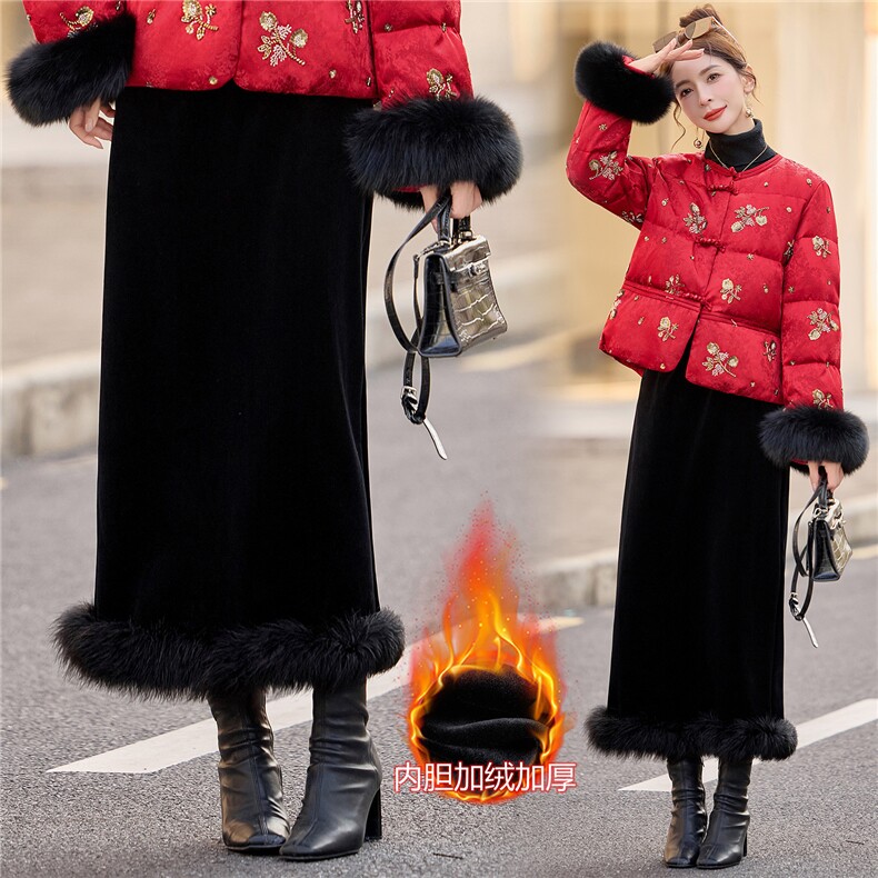 2025新款丝绒高档鸵鸟毛半身裙女中长款小个子长裙开叉一步包臀裙，女装半身裙，众宇琦