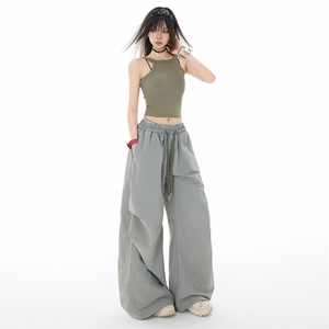美式叠穿屁帘设计褶皱伞兵裤男女夏季假两件宽松阔腿裤YD9047-P80图片