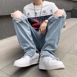 破洞牛仔裤男美式高街潮牌休闲长裤直筒修身夏季男生裤子DN14-p40