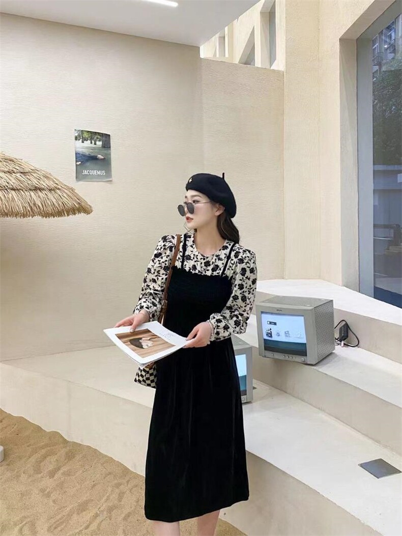 印花磨毛拼接丝绒裙，其它，Balance Studio