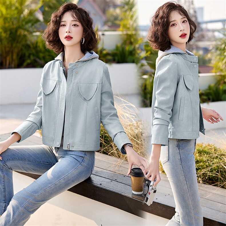 韩城.简约机车服立领亮色pu皮衣短外套皮夹克2025春季潮女拉链款s,女装皮衣,魅丽静蓝