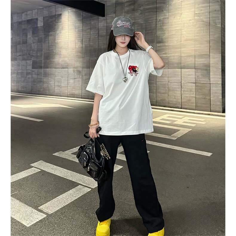 抖音得物供货210克现货宽松纯棉美式潮牌印花落肩袖纯棉T恤AT2162,男装T恤,电商A443