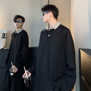美式复古假两件POLO衫男女秋季格子拼接长袖T恤打底衫W101-P48图片