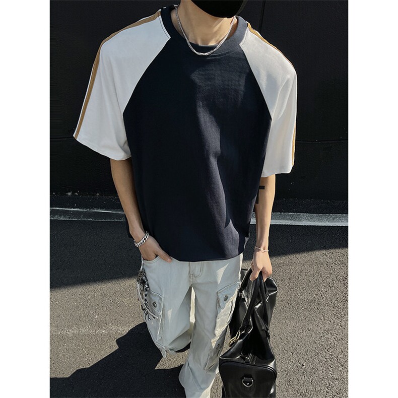 抖音得物二开品质240克宽松纯棉美式高街撞色织带短袖T恤YQ44,男装T恤,电商A486-1