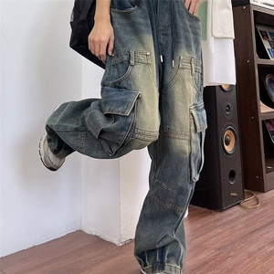 美式街头风多口袋水洗工装牛仔裤男女宽松阔腿长裤潮N1115-P62图片