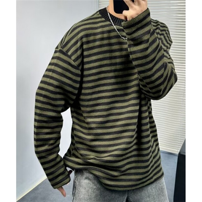 冬季复古慵懒风宽松休闲拼色条纹圆领针织衫套头毛衣男 M7193图片