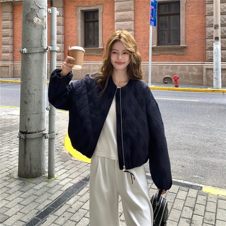 韩系菱格夹棉短外套女秋冬新款高级感休闲宽松加厚小个子棉衣夹克,女装短外套,2C326