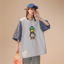 中性夏季潮流假两件ins圆领卡通印花宽松短袖T恤T611P40控58，男装T恤，A247A