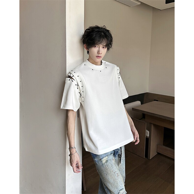 现货！25夏男绑带设计感铆钉垫肩金属短袖T恤DX192-P68,男装T恤,电商B288
