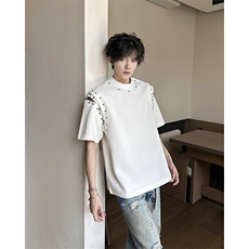 现货！25夏男绑带设计感铆钉垫肩金属短袖T恤DX192-P68，男装T恤，电商B288