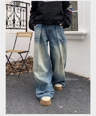 春季复古水洗牛仔裤宽松阔腿裤男女百搭直筒拖地长裤LB2200-p54，男装牛仔裤，星座1008