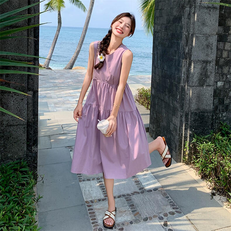 紫色无袖甜美连衣裙女2025年夏季新款小个子显瘦海边度假风背心裙图片