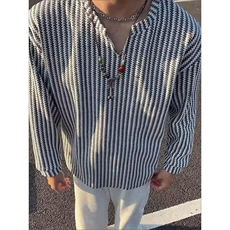 美式高街千鸟格子长袖T恤男女亨利V领英伦雅痞休闲宽松长袖打底衫，男装T恤，电商A443