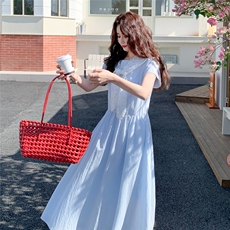 少女感减龄蓝色连衣裙女2025夏季新款法式温柔风蕾丝披肩A字长裙，女装连衣裙，2C273