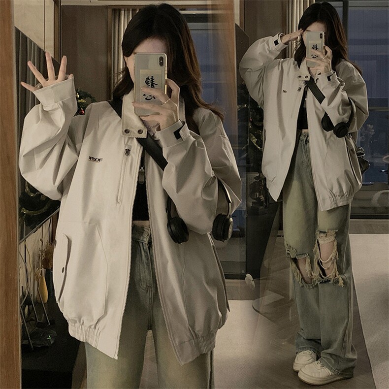 潮牌纽扣翻领工装夹克男女春季宽松百搭拉链外套C796-P100图片