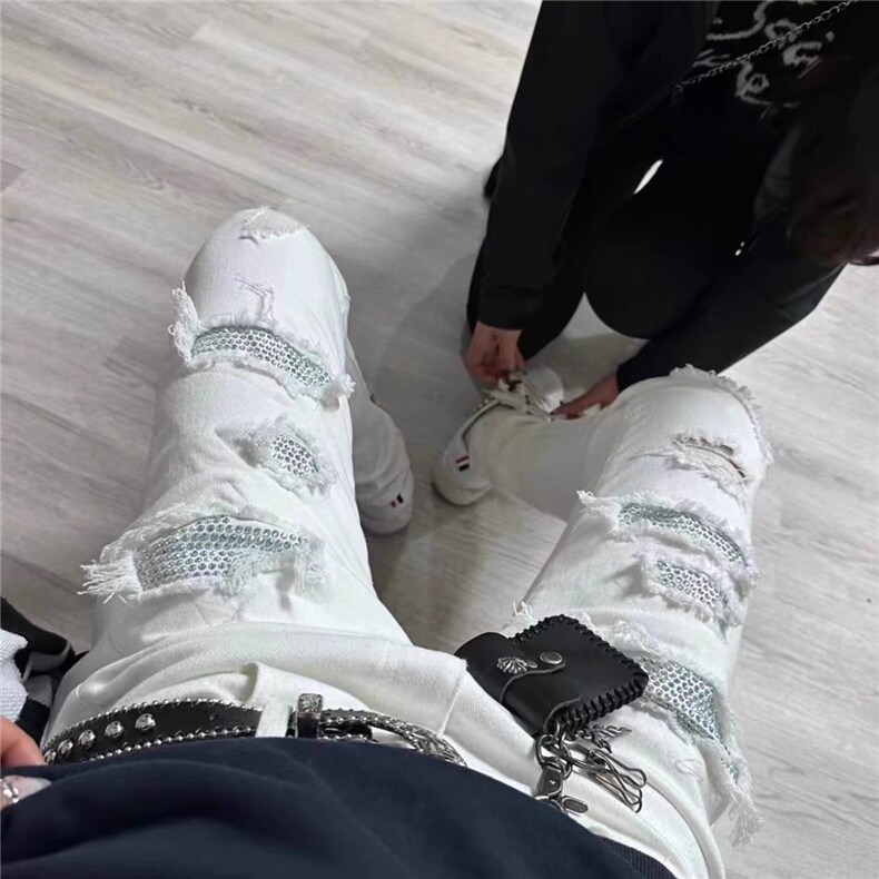 白色牛仔裤男款破洞夏季薄款2025新款休闲裤子男春秋修身小脚弹力,男装牛仔裤,星座506A
