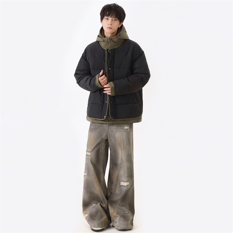 日系复古假两件连帽棉衣男冬季宽松情侣冬季棉服M0829-P103图片