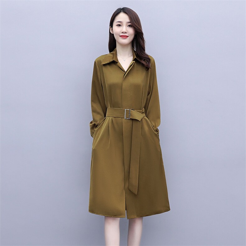 2021年秋季纯色通勤淑女长袖中长款系带口袋连衣裙,女装连衣裙,安之芮娜