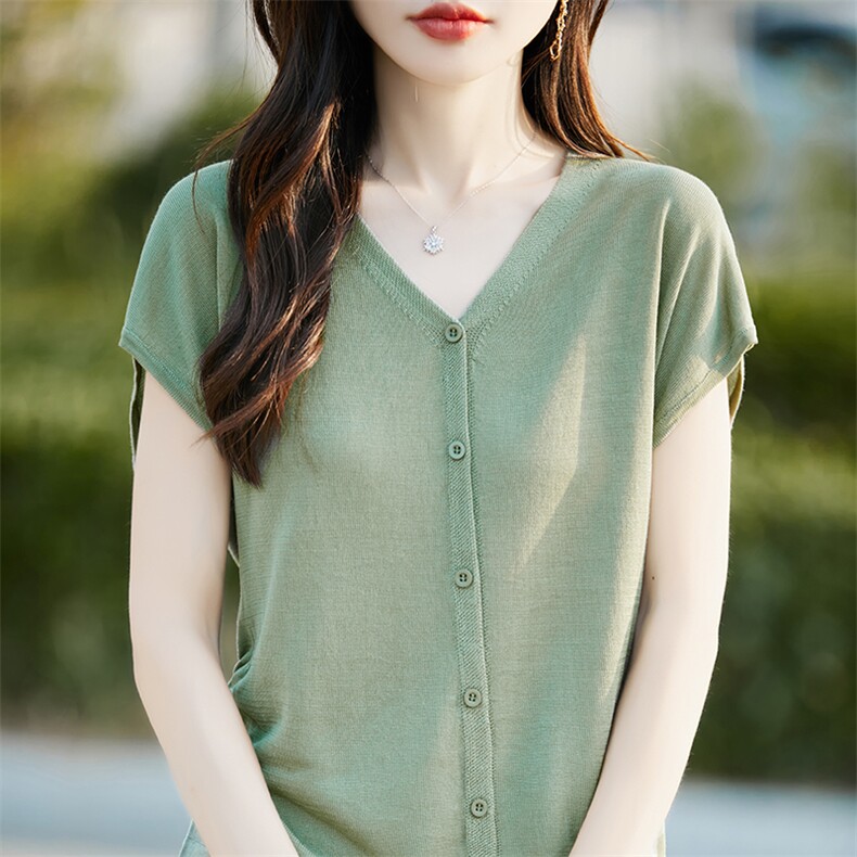 夏季新款女士简约时尚舒适天丝假开衫V领短袖,女装T恤,斯美雅电商供货
