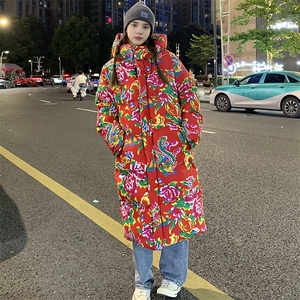 A5长款棉衣外套东北大花风汉服男女宽松保暖防寒连帽棉袄情侣图片