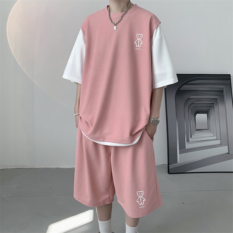 特P46控78华夫格套装潮流休闲短袖短裤两件套FTZ2298,男装牛仔裤,电商B370