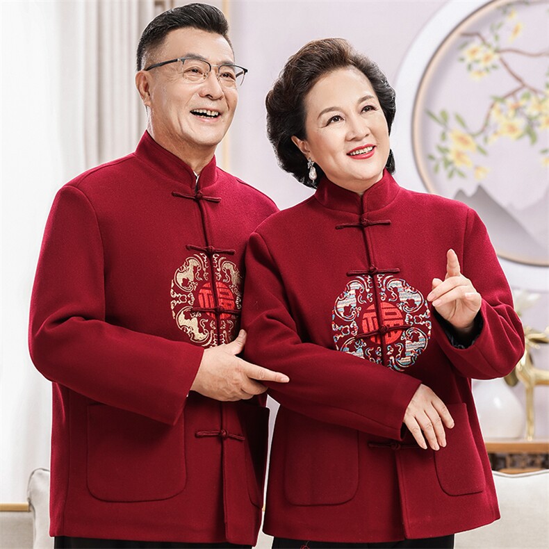 情侣装羊毛呢中老年秋款唐装套装男士风复古新中式双面呢唐装,男装休闲套装,钱塘723