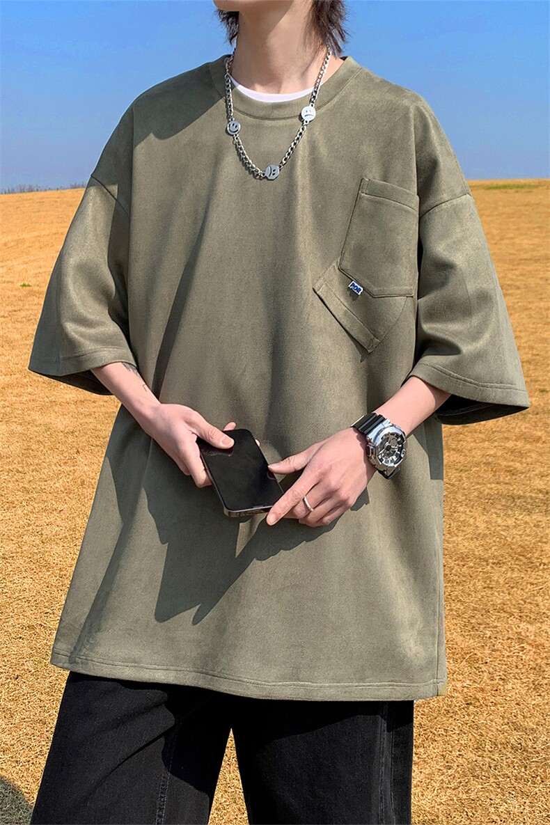 240克麂皮绒短袖T恤大码宽松拼接口袋情侣T恤109-T23610-P28,男装T恤,星座109